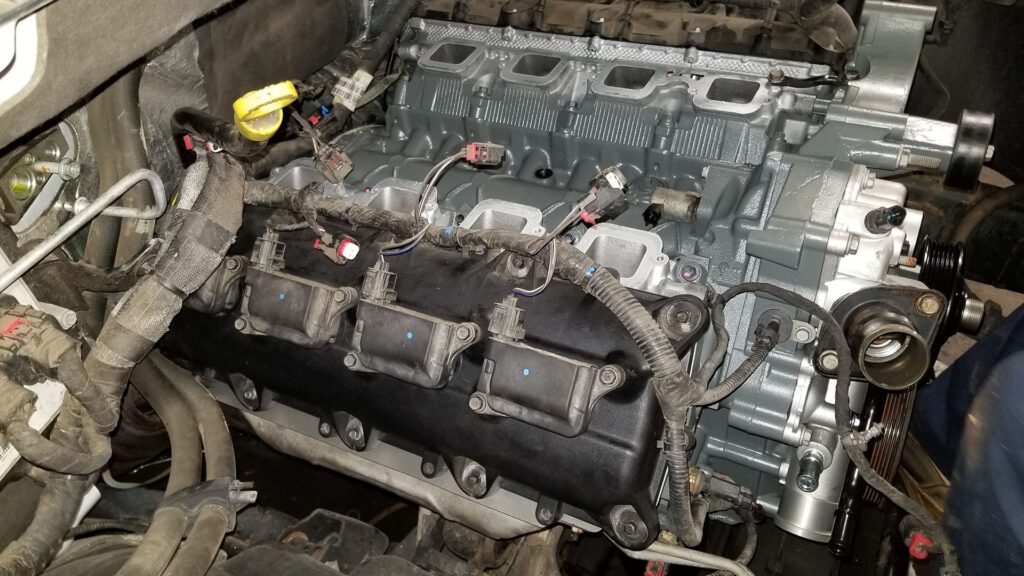 Engine replacement on a Dodge truck